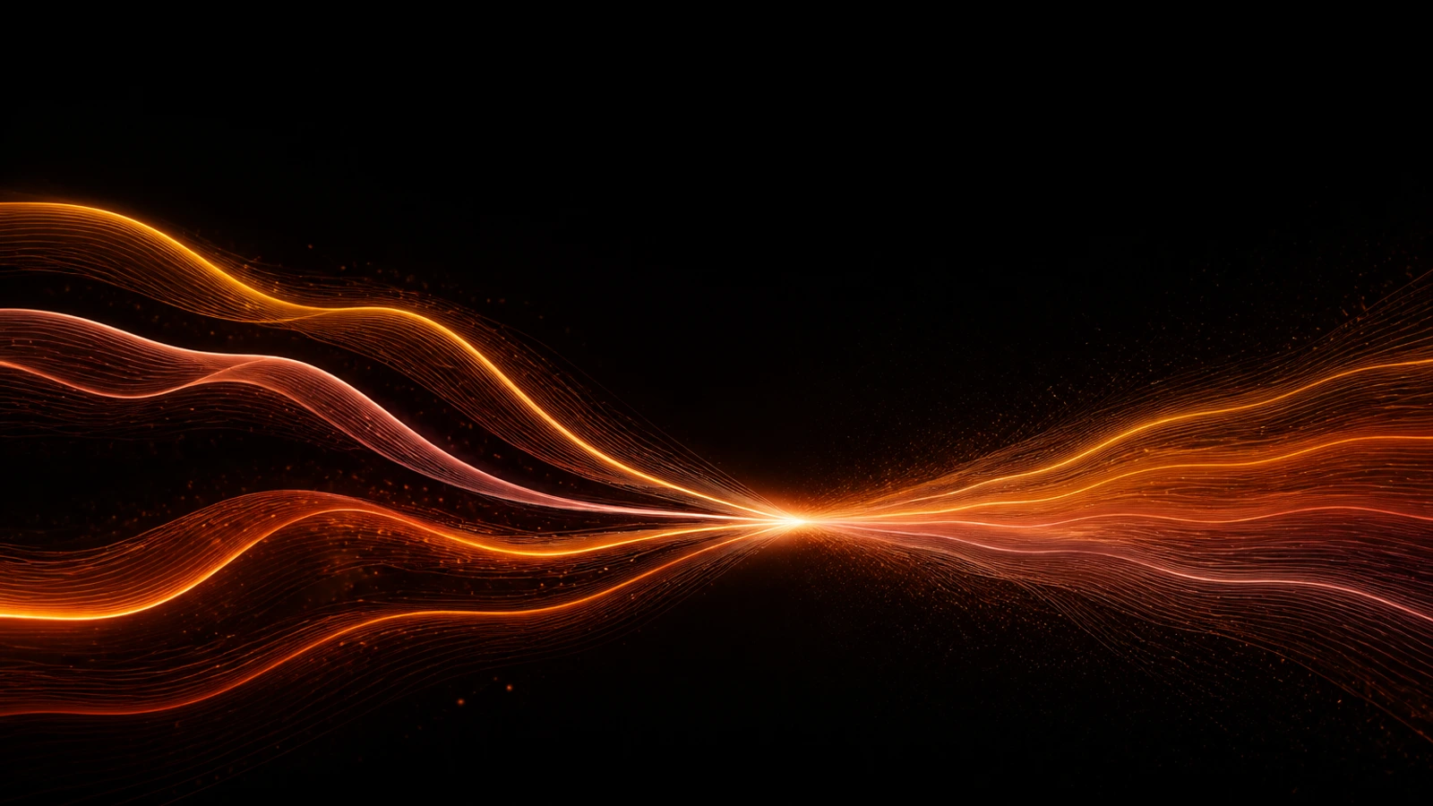Orange, amber and rose knowledge streams converging into one synchronized operational path.