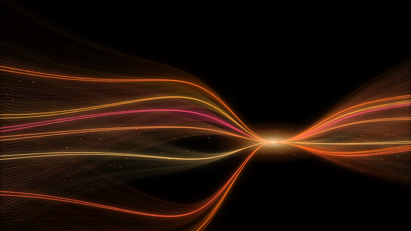 Two orange and amber infrastructure paths running in parallel, one branching into many strands and one converging into a single governed route.