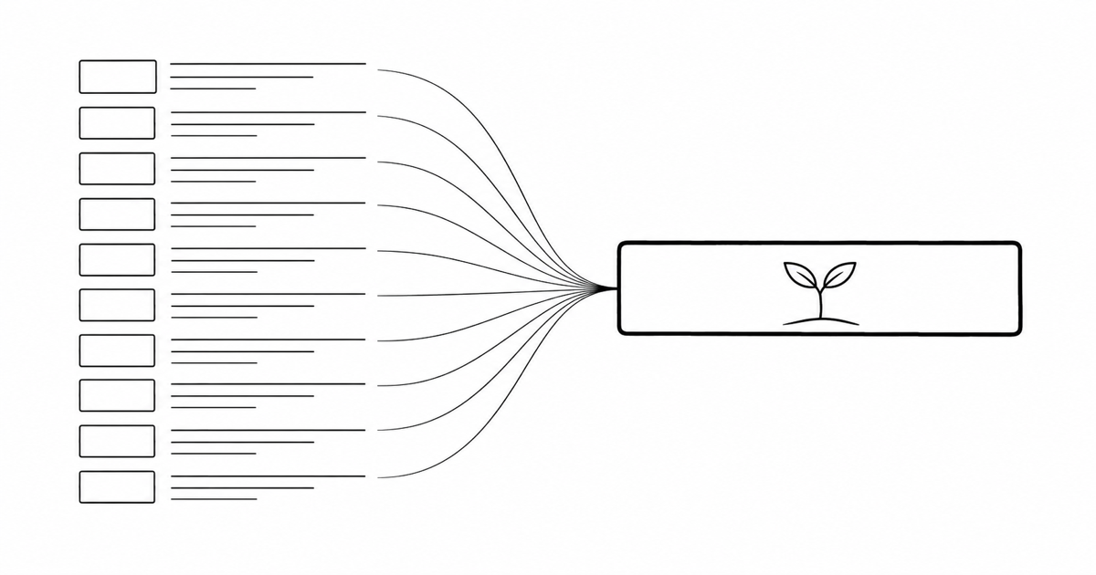Ten search result slots compressing into one answer slot with a sprout