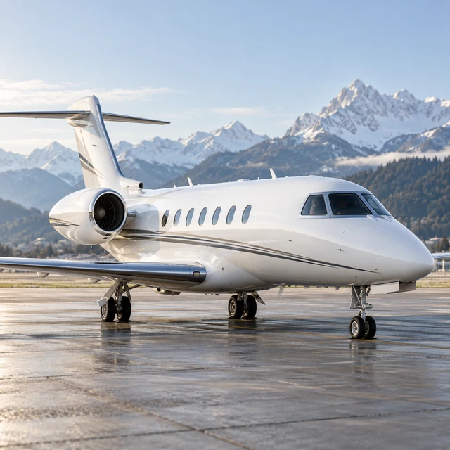 Private jet on an alpine airport apron, illustrative trip image