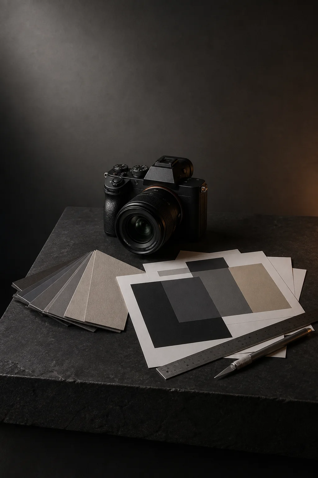 A camera, material swatches, geometric print proofs, ruler, and precision knife