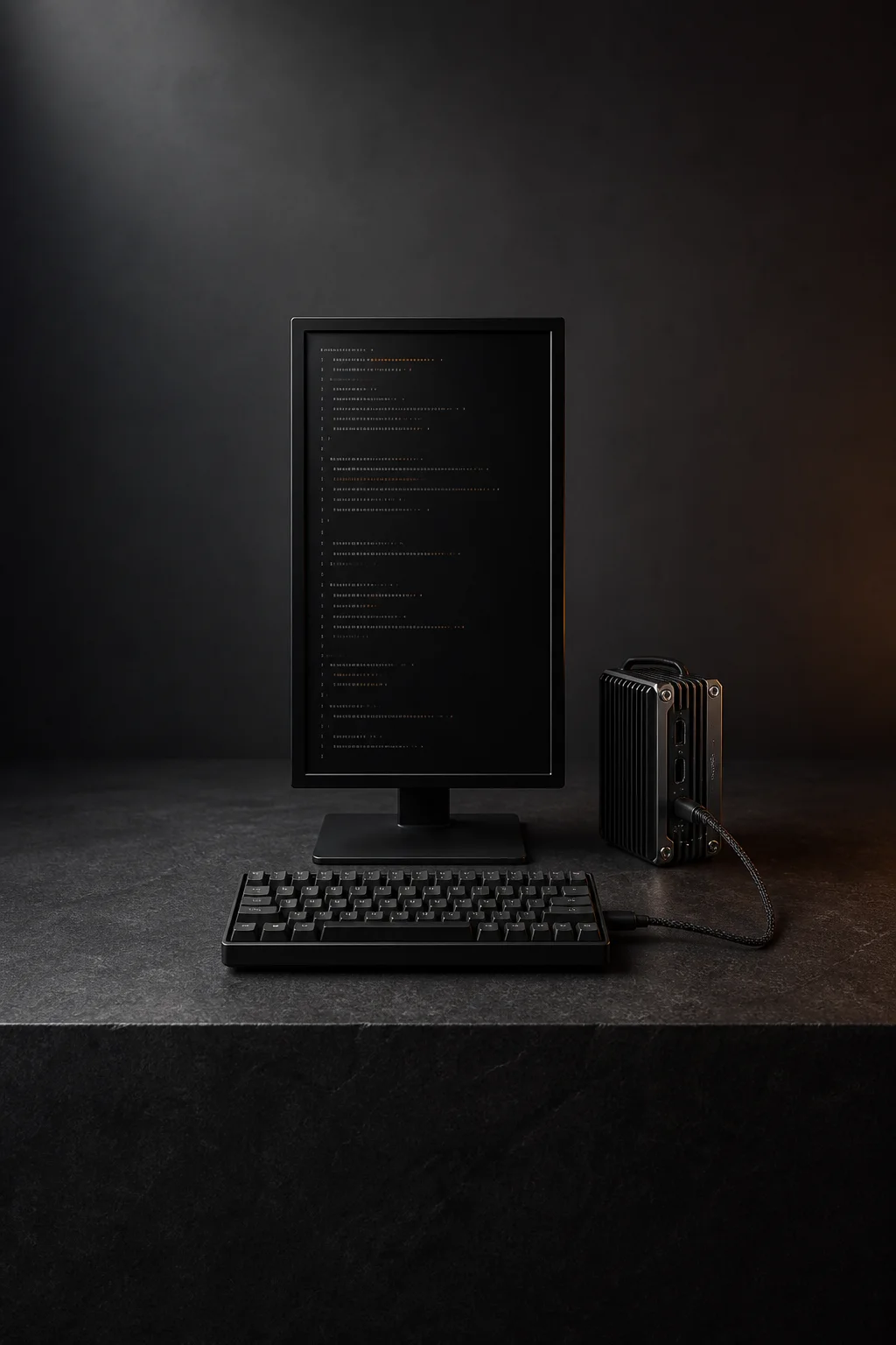 A terminal monitor, compact keyboard, hardware module, and braided cable