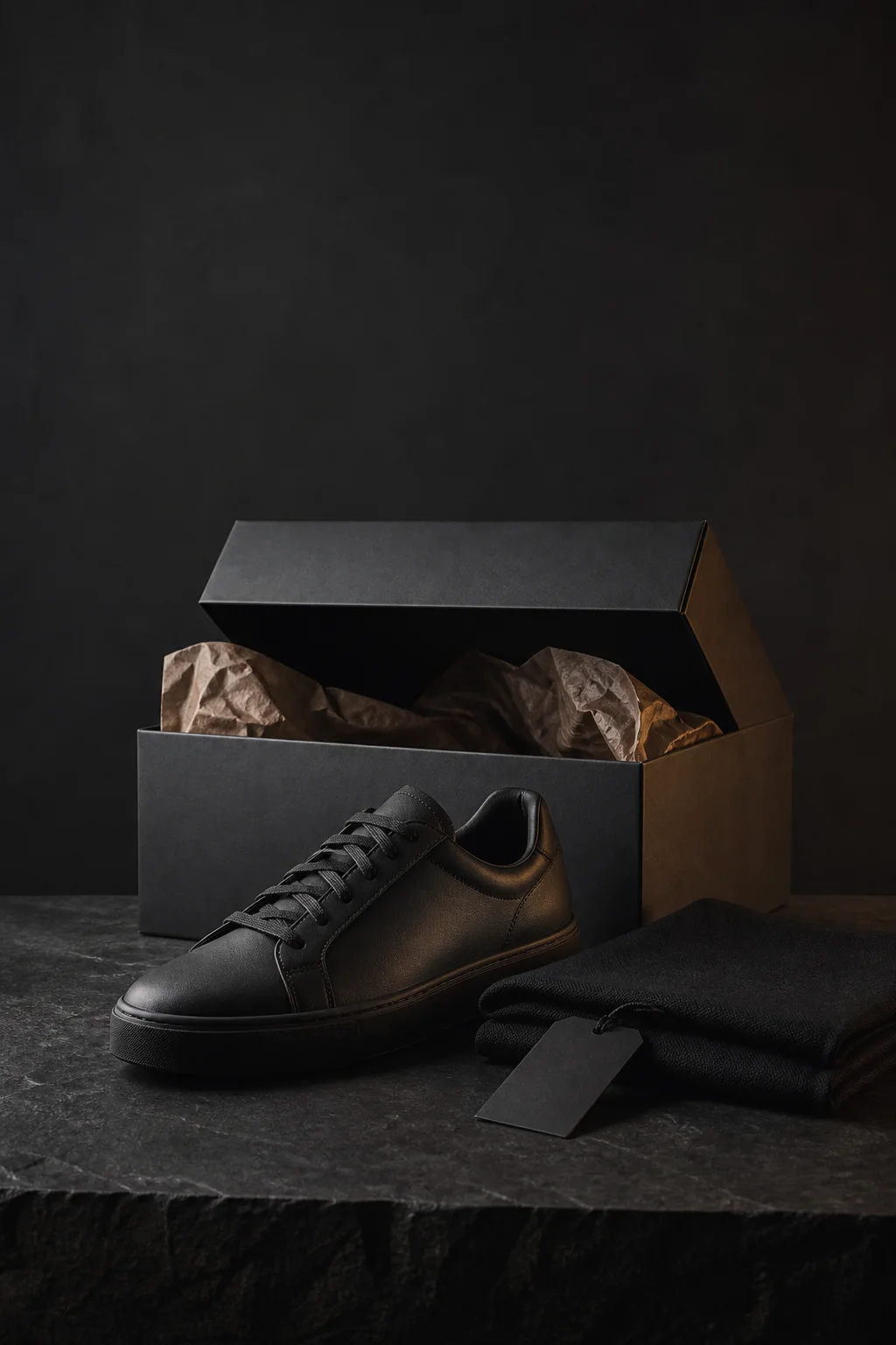 An unbranded sneaker, folded textile, product tag, and open shipping box