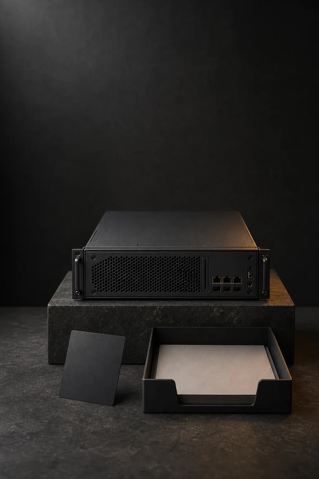A secure server module, blank access card, and organized document tray