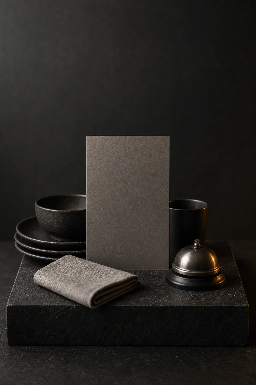 Dark tableware, folded linen, blank menu card, and a service bell