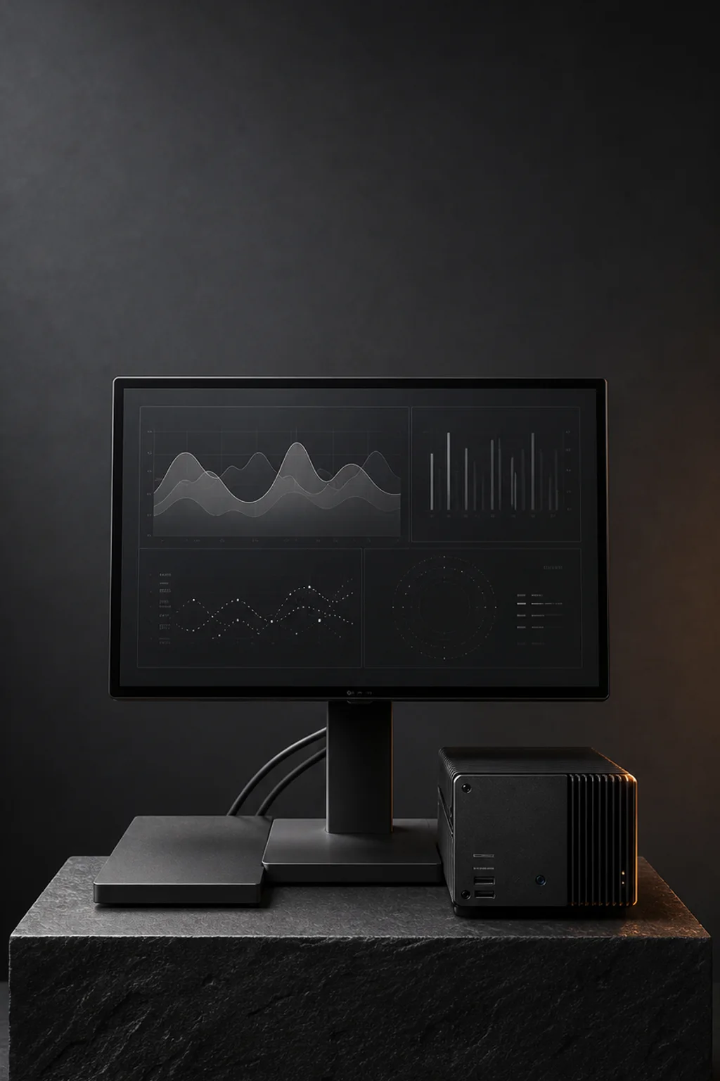A sculptural operations terminal and compact hardware module in a dark studio