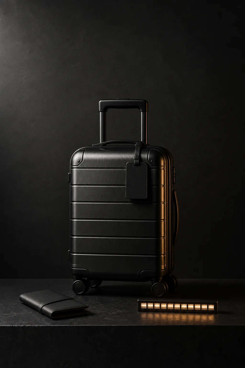 A hard-shell carry-on with a blank luggage tag and travel document wallet