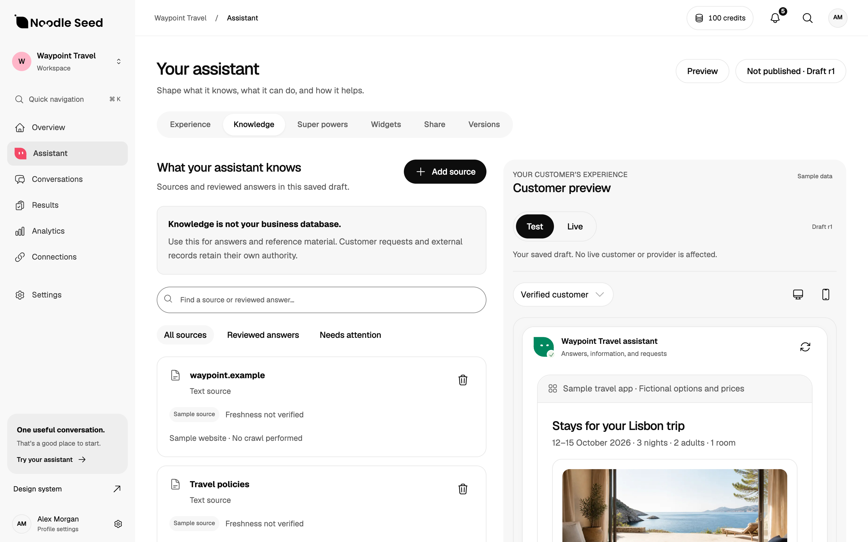 Noodle Seed Knowledge screen showing reference sources beside a sample hotel search in the customer preview.